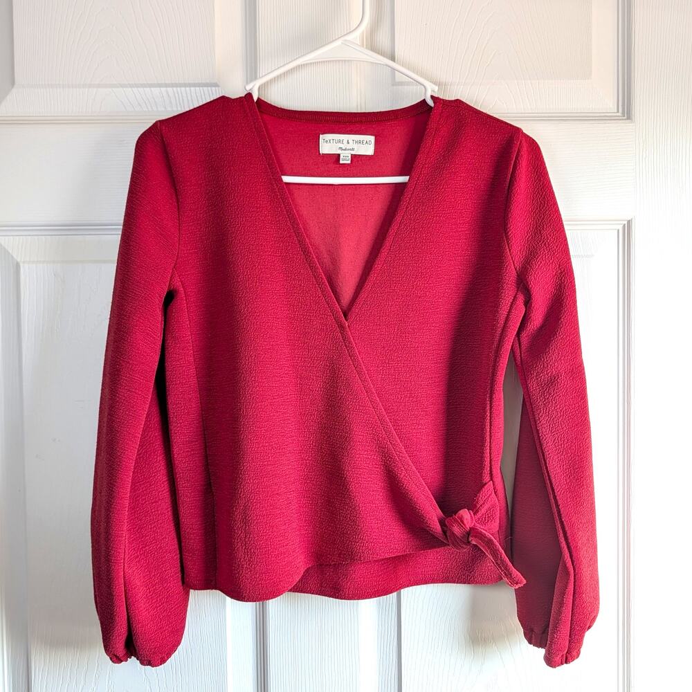 Madewell Texture & Thread Crepe Long-Sleeve Wrap Top in Crimson Red - Size XXS